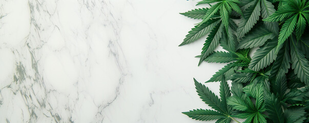 Overhead flat lay of CBD cannabis marijuana leaves pattern on a white background with copy space. Natural hemp medicine concept banner. - obrazy, fototapety, plakaty