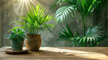 Tropical plant and wooden furniture, earth tones in a sunny room