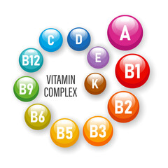 Healthy nutrition vitamin complex.Illustration of vitamin icons on the white background. The concept of medicine and healthcare. Vector