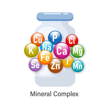 Mineral complex of healthy nutrition. Illustration of mineral icons in a medicinal vial. The concept of medicine and healthcare. Vector