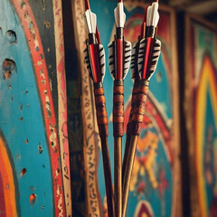Colorful traditional archery arrows stand vertically on front of colorful patterned wooden panel - obrazy, fototapety, plakaty