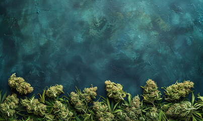 Overhead flat lay of dried CBD cannabis marijuana buds pattern on a matte textured background....