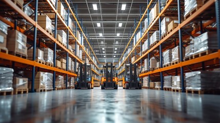 Fototapeta premium Busy warehouse with forklifts and boxes, complex logistics operation