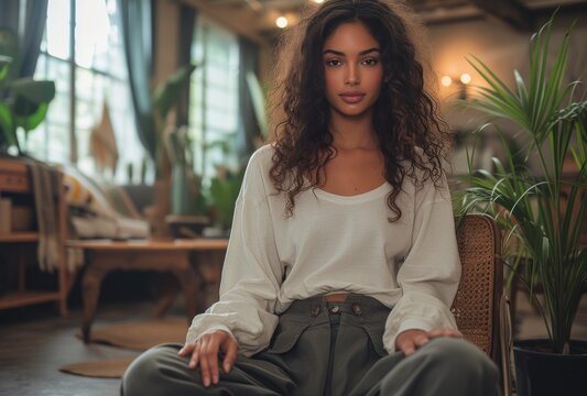 A fashion-forward woman poses gracefully on a chair in front of a window, her long hair cascading over her stylish clothing while a houseplant adds a touch of natural beauty to the indoor photo shoot