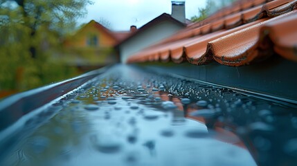 Close-up of shiny rainwater gutter, blurred roof tiles behind