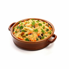 Couscous dish containing Steamed granules of crushed wheat, served with a stew of meat and vegetables