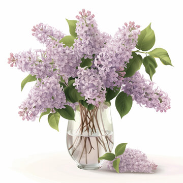 A vibrant bouquet of fresh lilacs showcased in a clear glass vase against a white backdrop, exuding elegance and spring freshness