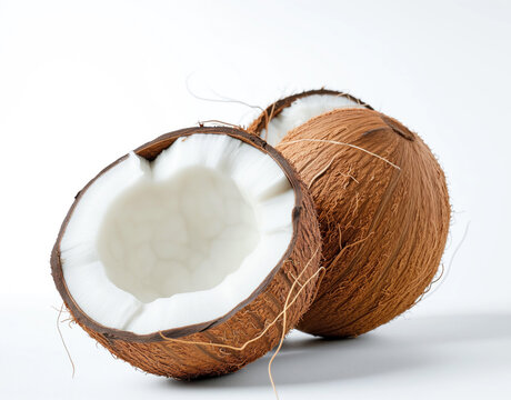 Close-up image showcasing fresh coconut halves and a whole coconut, highlighting the contrast between the rough brown exterior and the smooth white interior.