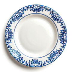 A top view of a white plate adorned with an intricate blue floral pattern, isolated on a white background, exemplifying elegance and sophistication.