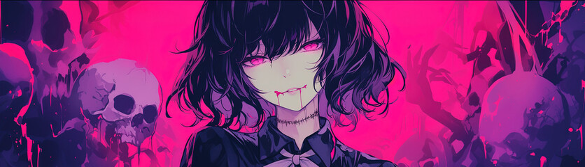 demon horror manga woman, anime artstyle, lofi, widescreen, wallpaper, background, black and white, neon colours