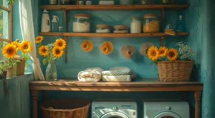  A cozy still life of a kitchen shelf adorned with a vibrant sunflower vase, various houseplants, and towels, creating a warm and inviting indoor space © familymedia