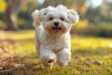 White Dog Joyfully Running in Field