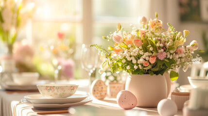 Festive Easter served table setting with painted eggs, bouquet flowers in room