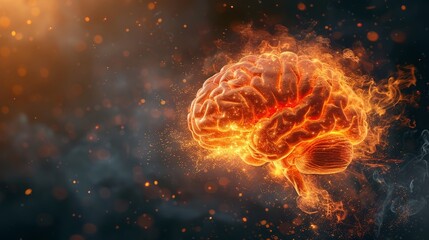 Fiery human brain illustration, sparking intellect on dark canvas