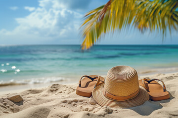 Straw hat and flip flops laying on sand on tropical beach.