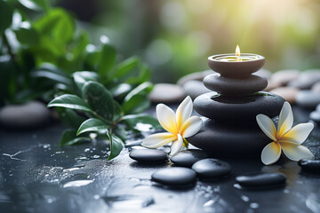 Black zen stones with candle and white flowers.
