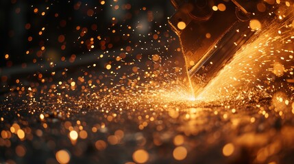 Sparks flying from metal cutting, dark workshop scene