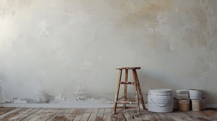 Paint supplies on a stool against a blank wall ready for a job - obrazy, fototapety, plakaty