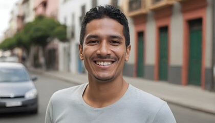 Obraz premium Hispanic man smiling at camera standing outside in street. South American person portrait smile