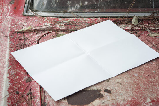 white blank poster for mockup on a damaged car in an abandoned forest, red background, landscape wallpaper  5