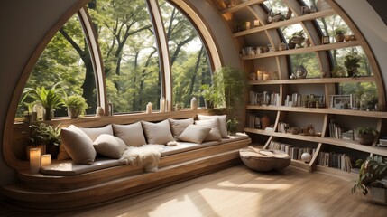 Fototapeta premium Multifunctional Reading Nook with Built-in Shelves and Soft Seating