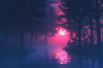 Fototapeta na wymiar natural landscape synthwave style wallpaper. Night forest with a lake wallpaper. lake forest under the sky with fog and the moon. Fantasy landscape forest at night. moon night landscape.