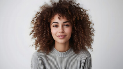 Waist up shot of pleased curly haired woman looks directly at camera has satisfied expression dressed in casual basic jumper isolated over white background