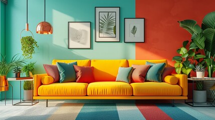 Modern living room, colorful geometric decor, and stylish furniture