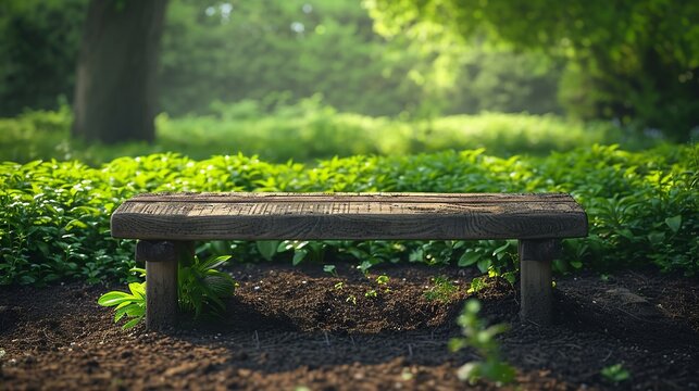 Rustic gardening bench with vibrant greenery and soil