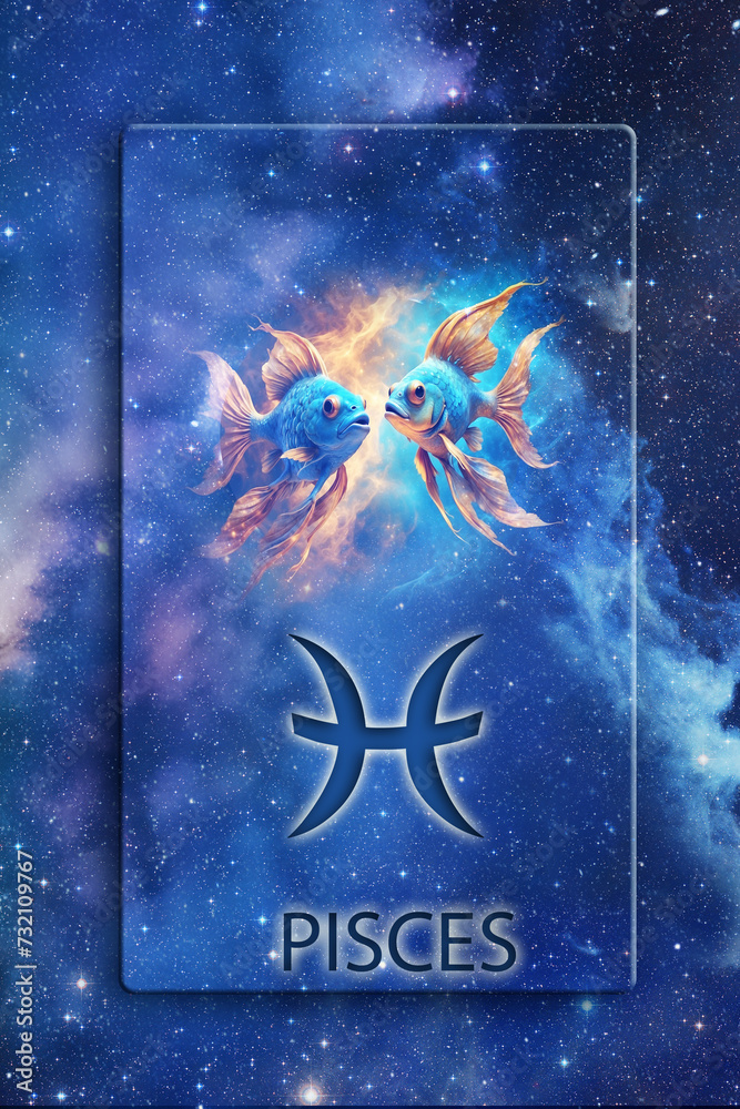 Wall mural zodiac picture of Pisces, astrological symbol and name over blue space background with stars like astrology concept of all zodiacal signs