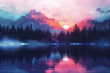 Poster Night forest with a lake wallpaper. lake forest with mountain. Fantasy landscape forest. moon night landscape. Beautiful sky wallpaper. natural landscape synthwave style wallpaper.  © jokerhitam289