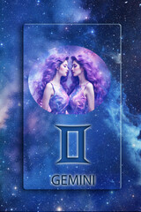 zodiac picture of Gemini, astrological symbol and name over blue space background with stars like astrology concept of all zodiacal signs