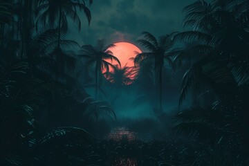 natural landscape synthwave style wallpaper. Night forest with a lake wallpaper. lake forest under the sky with fog and the moon. Fantasy landscape forest at night. moon night landscape.