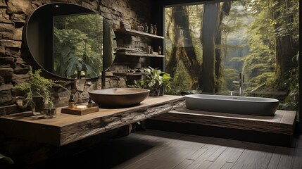 Nature-inspired bathroom with stone elements, a wooden vanity, and greenery.