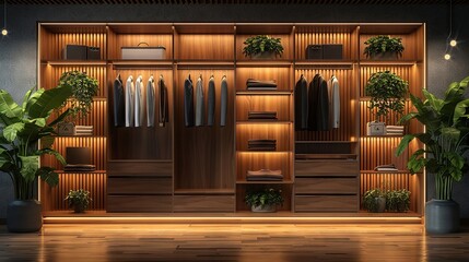 Modern closet interior with warm wood tones and clean lines - obrazy, fototapety, plakaty