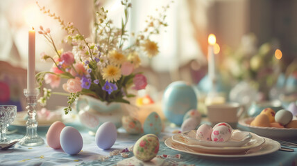 Obraz na płótnie Canvas Festive Easter served table setting with painted eggs, bouquet flowers in room