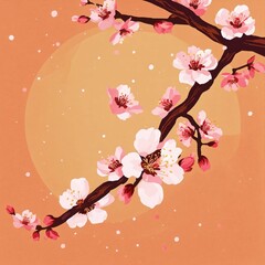 T-shirt vector illustration, centered design of a beautifully rendered cherry blossom branch. each petal, captured mid-fallnature of beauty moments of spring. simplistic, centered vector