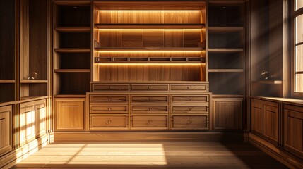 Softly lit bespoke wooden cabinet, open drawers and empty shelves