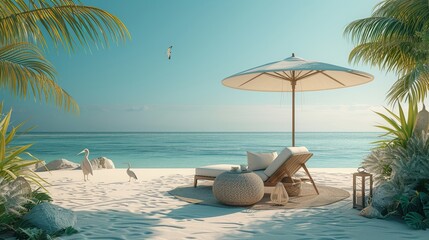 Fototapeta na wymiar Coastal setup with sunshade, tropical bird, and lounge seat