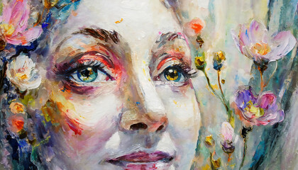 colorful oil painting of a woman's face with flowers in a fantasy forest. Modern Impressionism.
