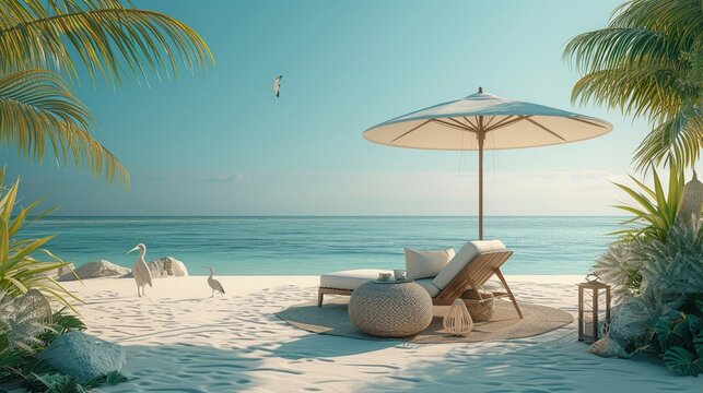 Coastal setup with sunshade, tropical bird, and lounge seat