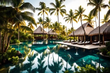 Fototapeta na wymiar Discover the hidden oasis of a secluded paradise—a pristine lagoon nestled amidst verdant foliage, its glassy waters mirroring the tranquil sky above. Sunlight filters through the canopy, casting dap
