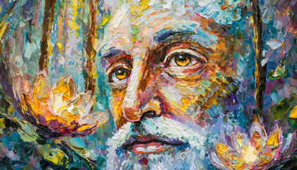 colorful oil painting of an old man's face with flowers in a fantasy forest. Modern Impressionism.