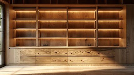 Softly lit bespoke wooden cabinet, open drawers and empty shelves