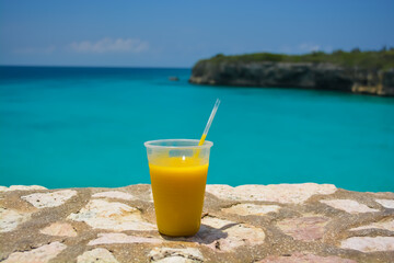 A cup of tropical juice with azure blue seascape in background. 