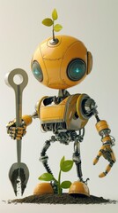 Cartoon digital avatar of a seedshaped robot with gardening tools