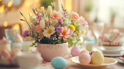 Festive Easter served table setting with painted eggs, bouquet flowers in room