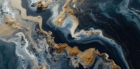 Visualizing Pollution: Dark and Shimmering Textures in Abstract Formations on Water