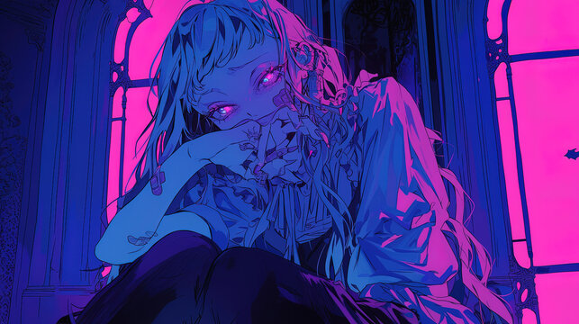 portrait of a gothic vampire girl, anime style, manga, cute  outfit, emo, background, android wallpaper