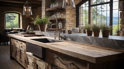 Fototapeta na wymiar Reclaimed Wood Kitchen with Farmhouse Sink and Stone Backsplash